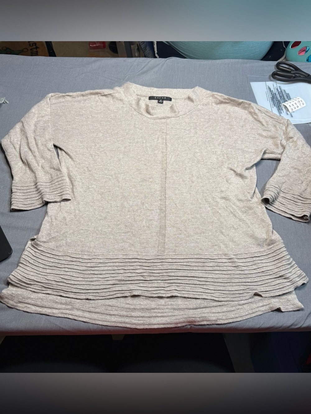 Cyrus Beige Layered-Hem Lightweight Sweater